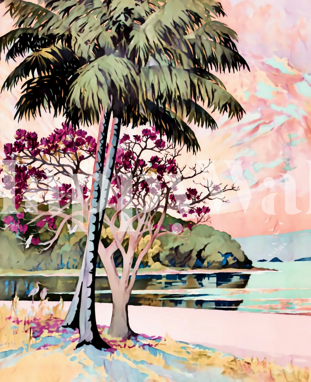 Tropical palm trees and flowering plants against a beach backdrop wallpaper
