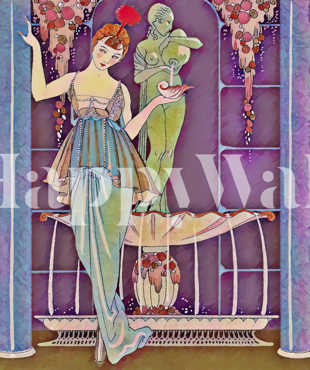 Vintage-inspired wall mural featuring a mermaid in a garden underwater with pastel colors