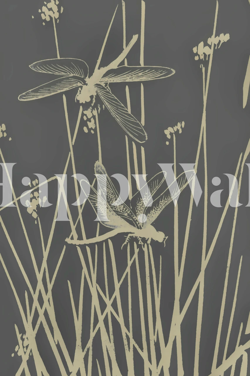Design minimalista de libélula e junco em cores contrastantes para um mural de parede sofisticado