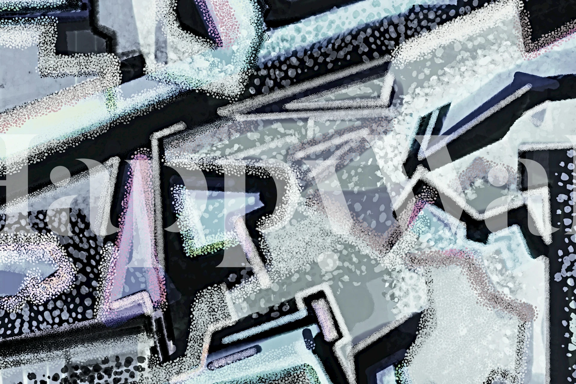 Urban geometric graffiti art wallpaper in a room