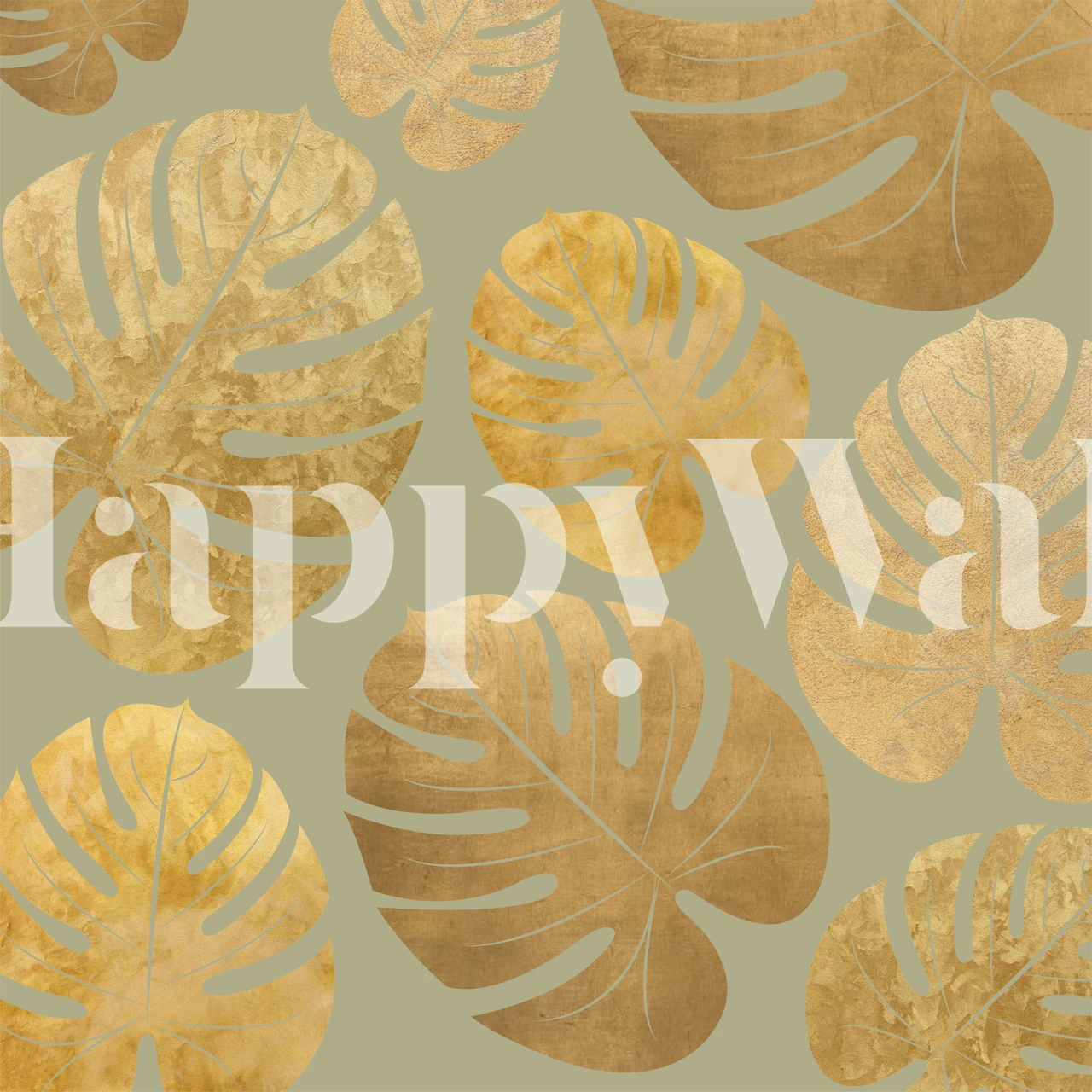 Moss Green and Gold Palm Leaf Wall Mural