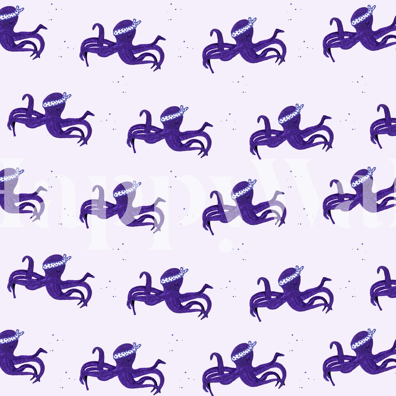 Wandbild mit japanischem Oktopusmuster und violetten Tintenfischen auf elfenbeinfarbenem Hintergrund