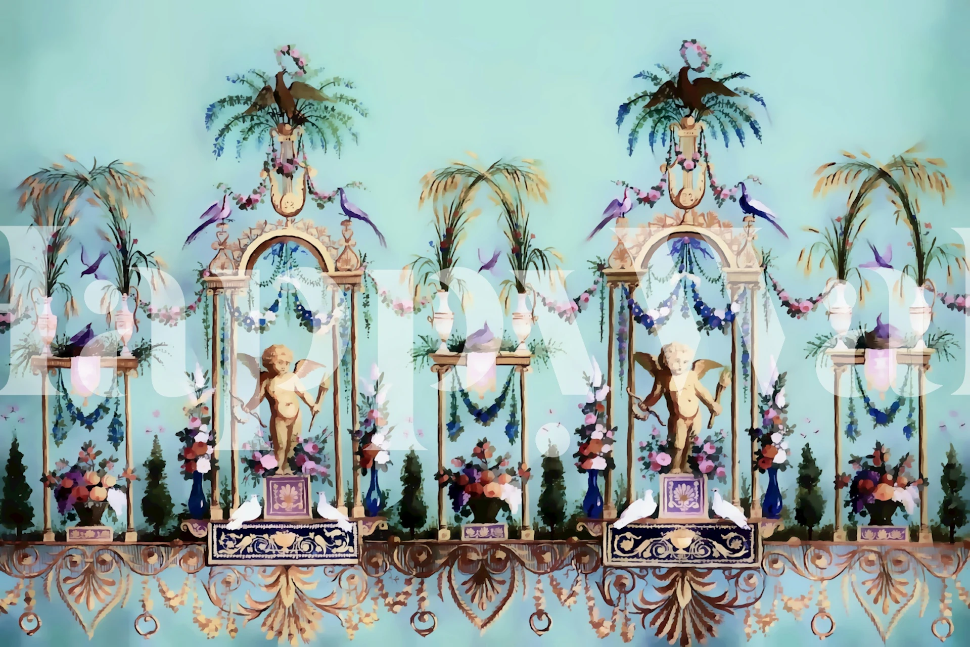 Renaissance floral wallpaper with blue background and statues