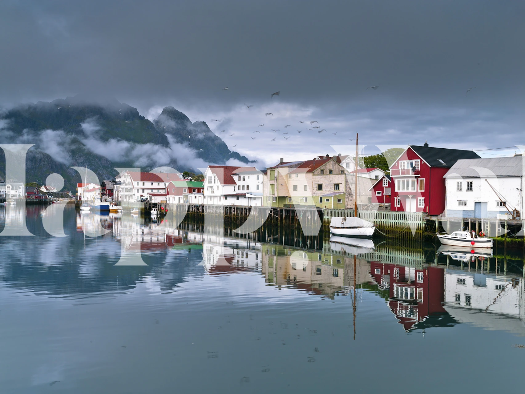 Wallpaper of Lofoten village with reflections