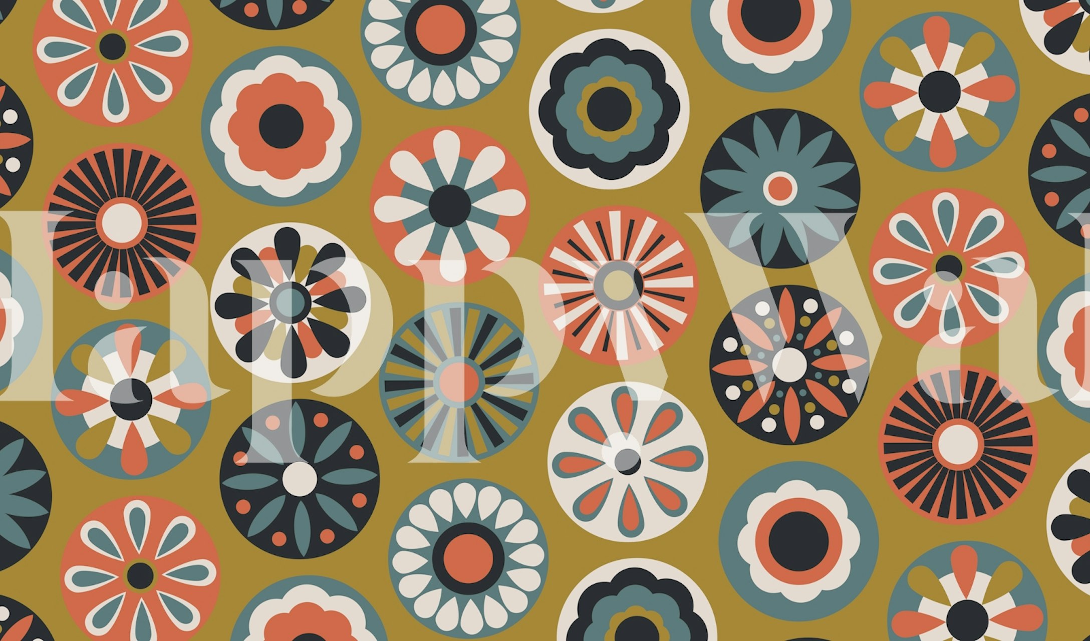 Colorful midcentury floral patterns in various shapes and colors wallpaper