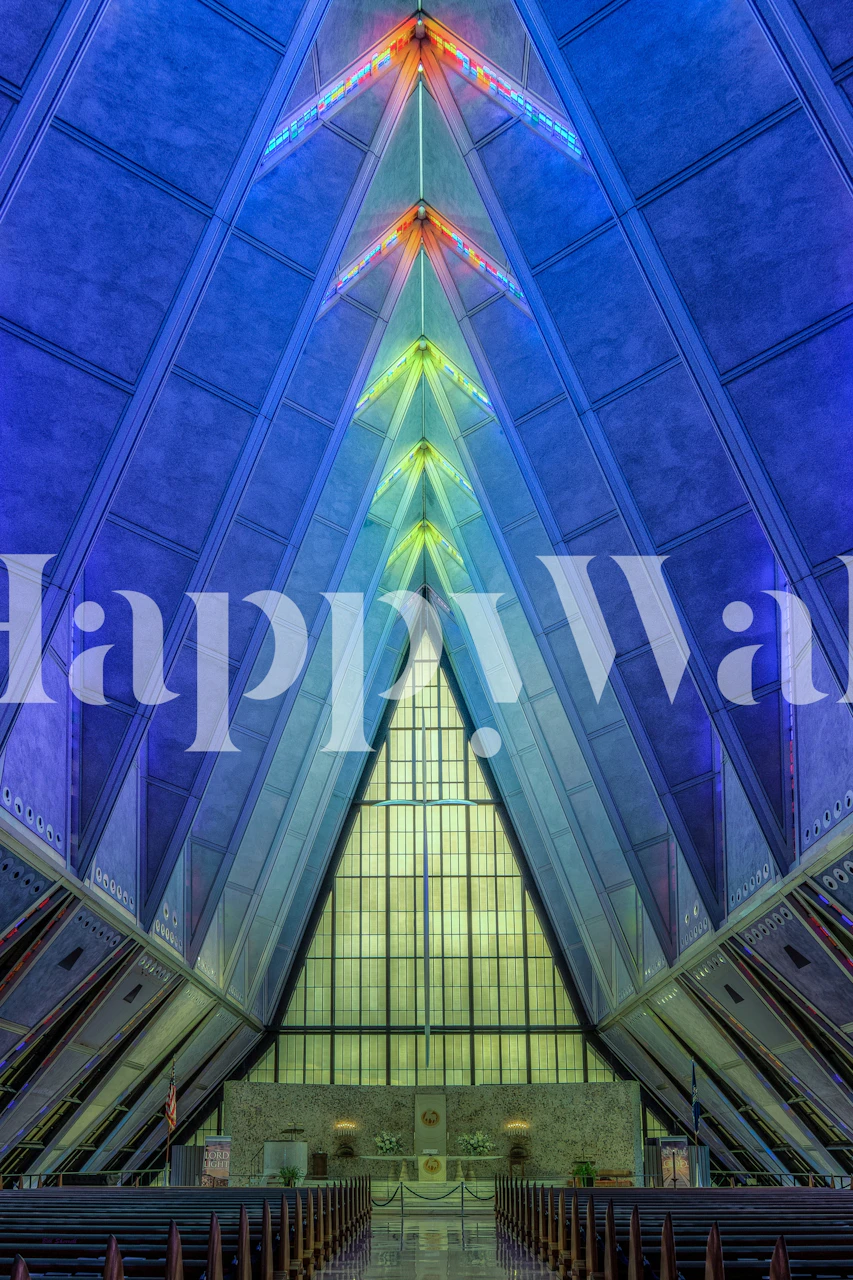 Air Force Academy Chapel wall mural with colorful stained-glass reflections