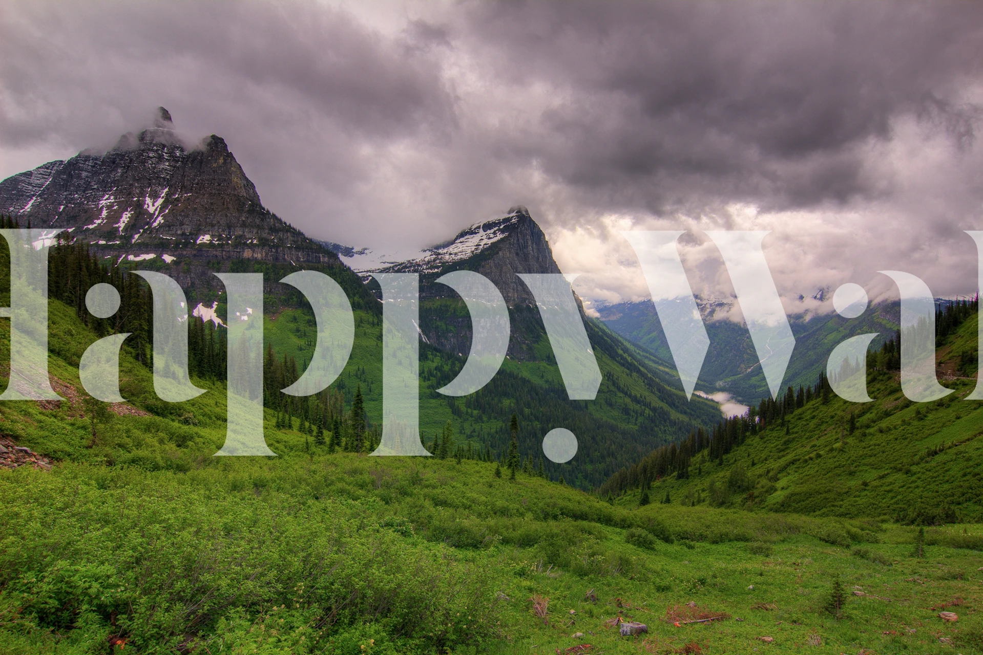 Fototapete Nahender Sturm mit dunklem, stürmischem Himmel und üppiger grüner Landschaft