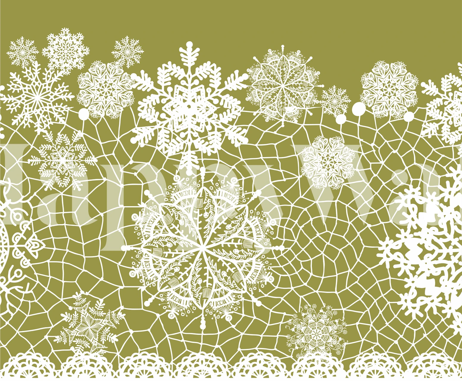 White lace floral patterns against olive green background wallpaper