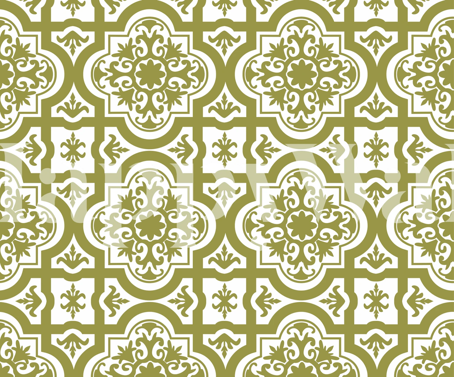 Fototapete mit olivgrünem und weißem Muster im Alhambra-Stil