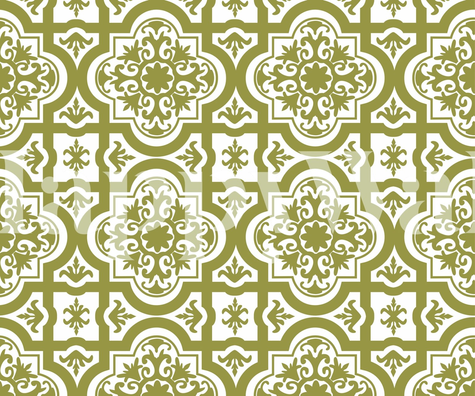 Alhambra-vaikutteinen oliivinvihreä ja valkoinen kuviollinen tapettimaalaus