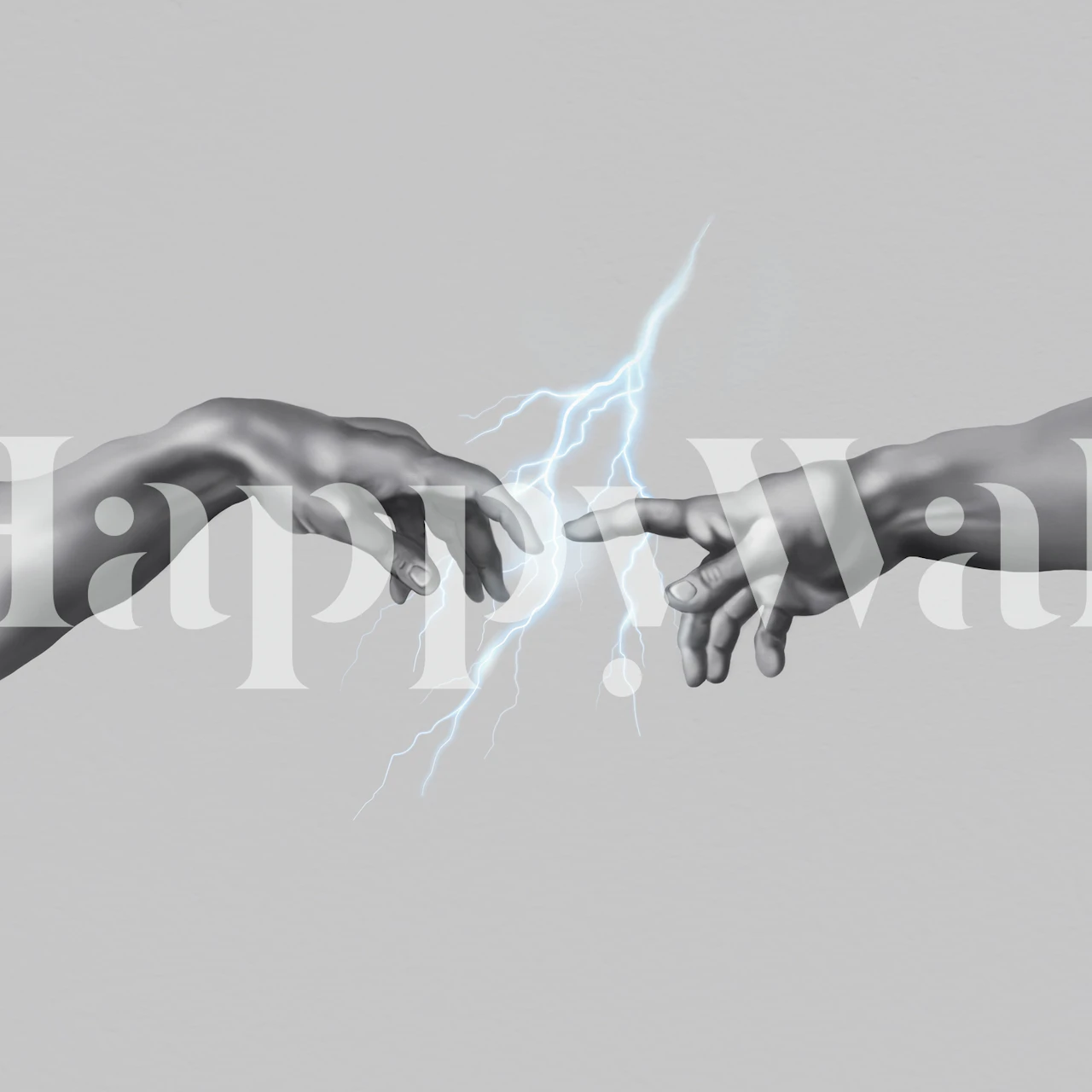 Hands reaching towards each other with lightning, gray background wall mural