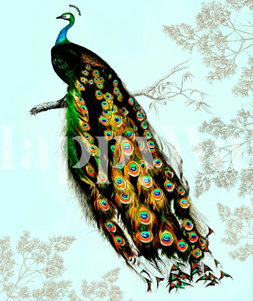 Floral peacock design with colorful feathers on light blue background wallpaper