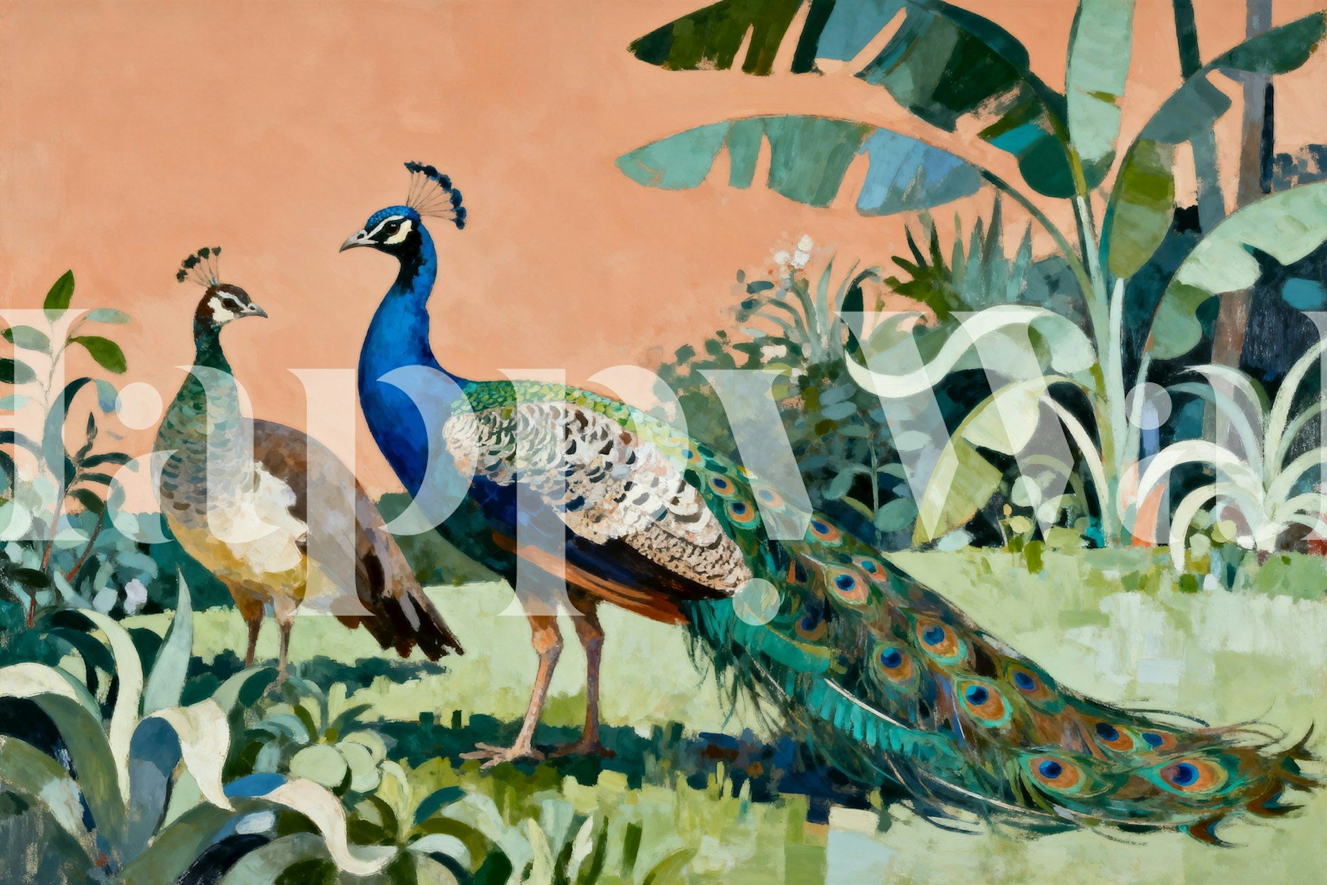 Floral peacock design with colorful feathers on light blue background wallpaper