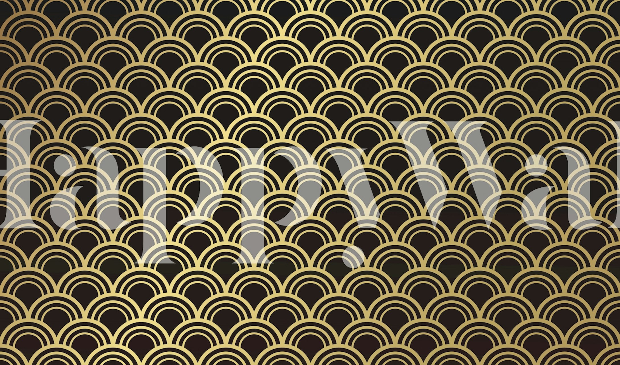 Elegantní zlatý geometrický vzor na tmavém pozadí představující nástěnnou malbu ve stylu Art Deco