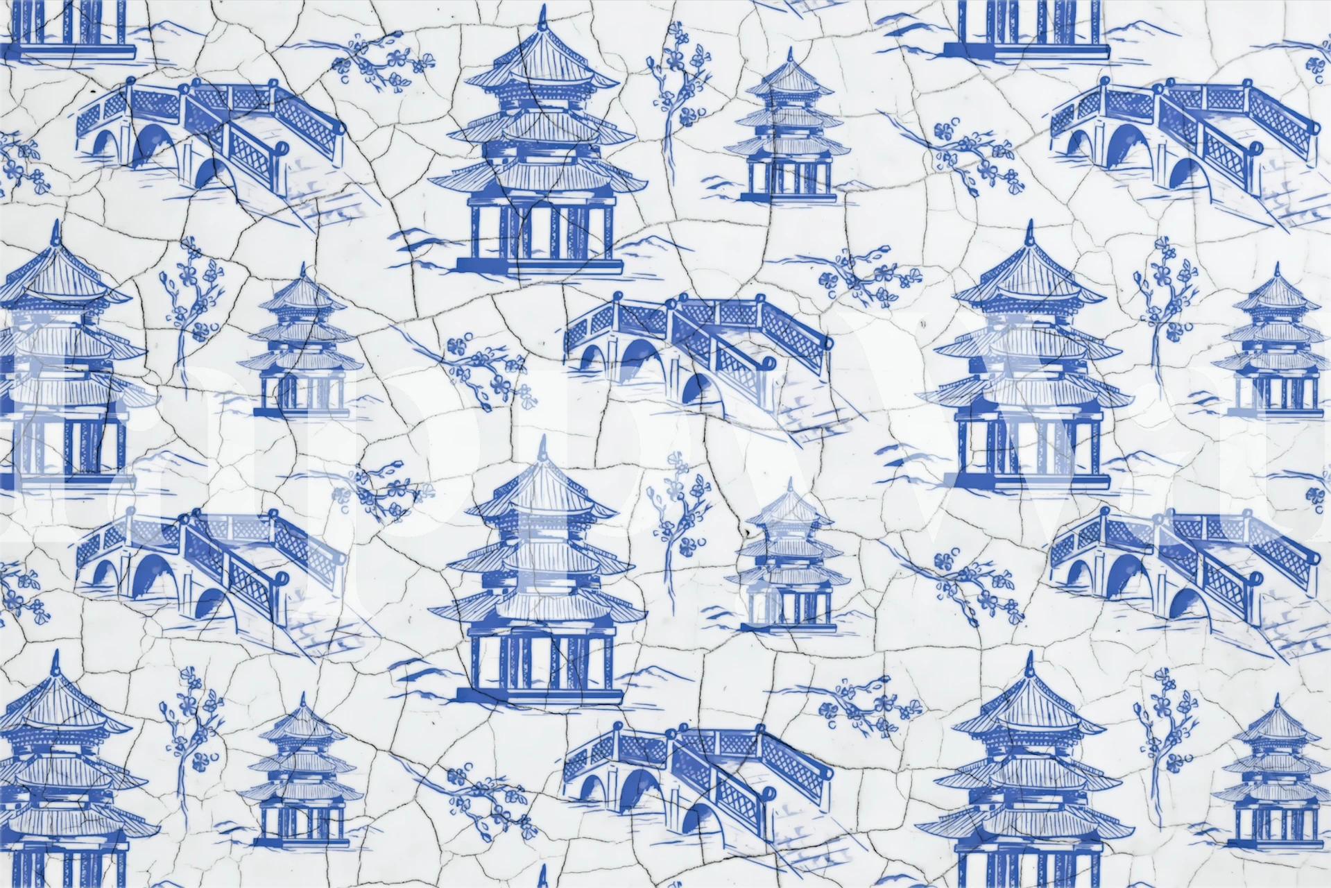 Blue Japanese tile designs with pagodas and bridges wallpaper