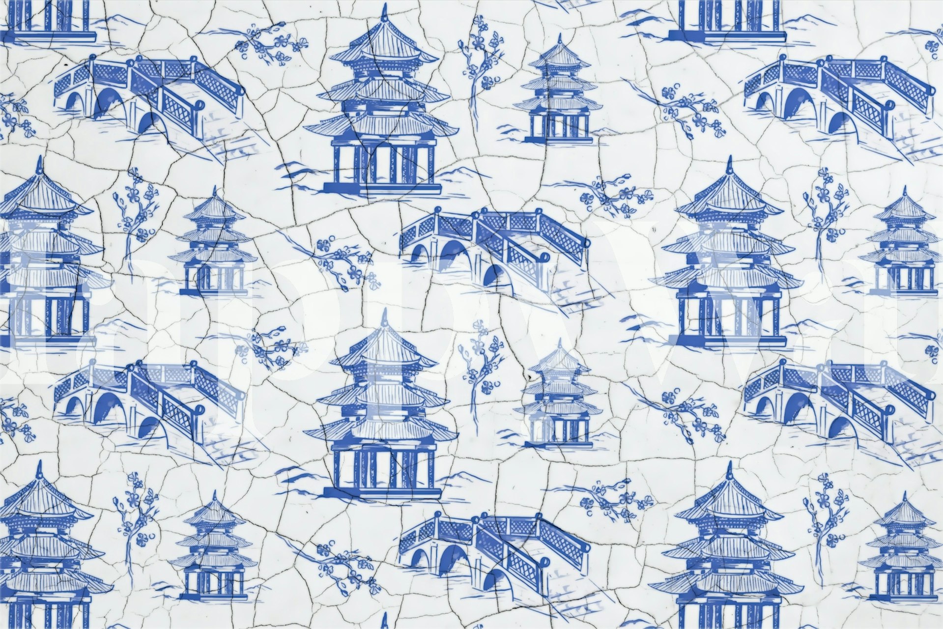 Blue Japanese tile designs with pagodas and bridges wallpaper