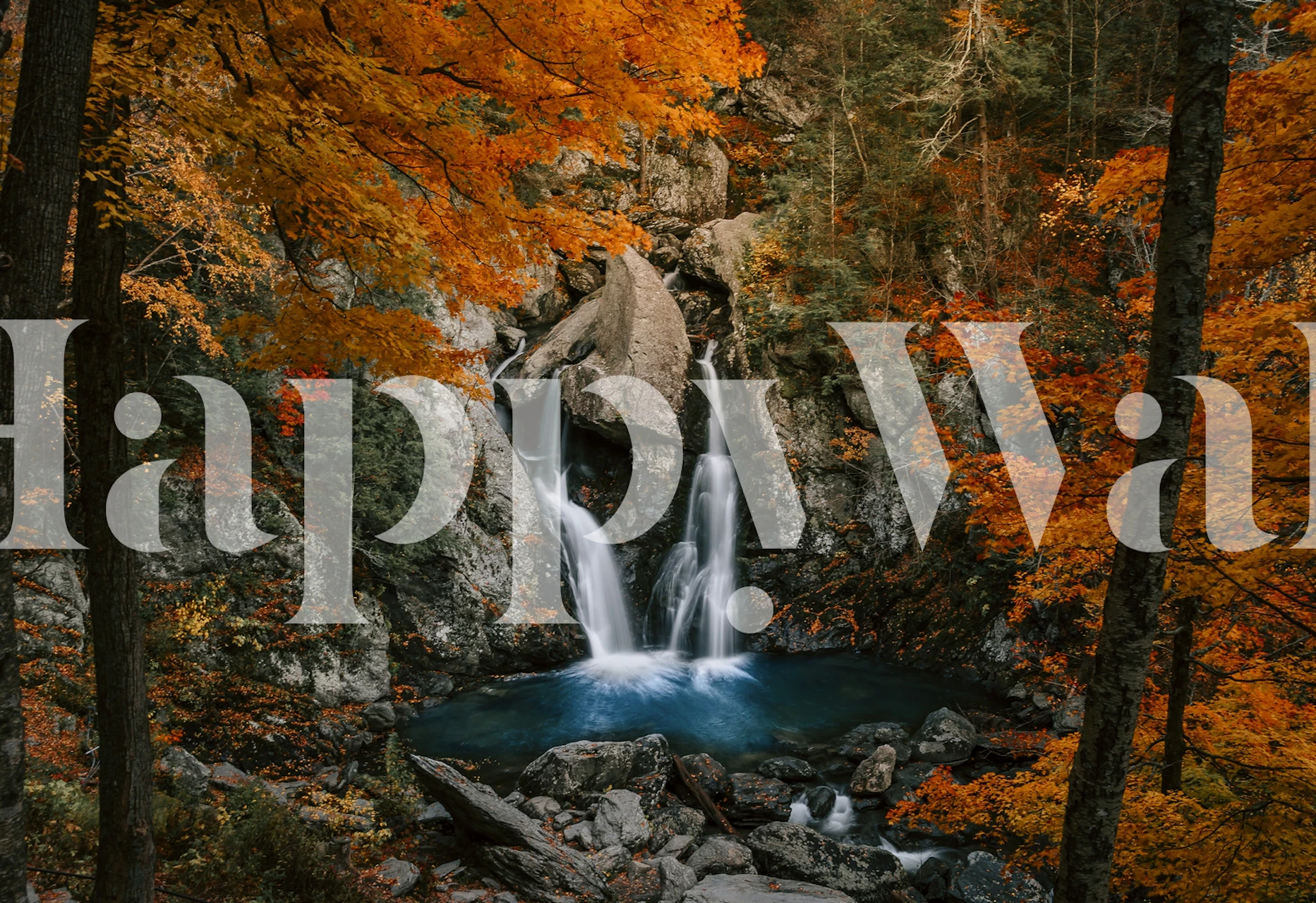 Autumn waterfall wallpaper in a room setting