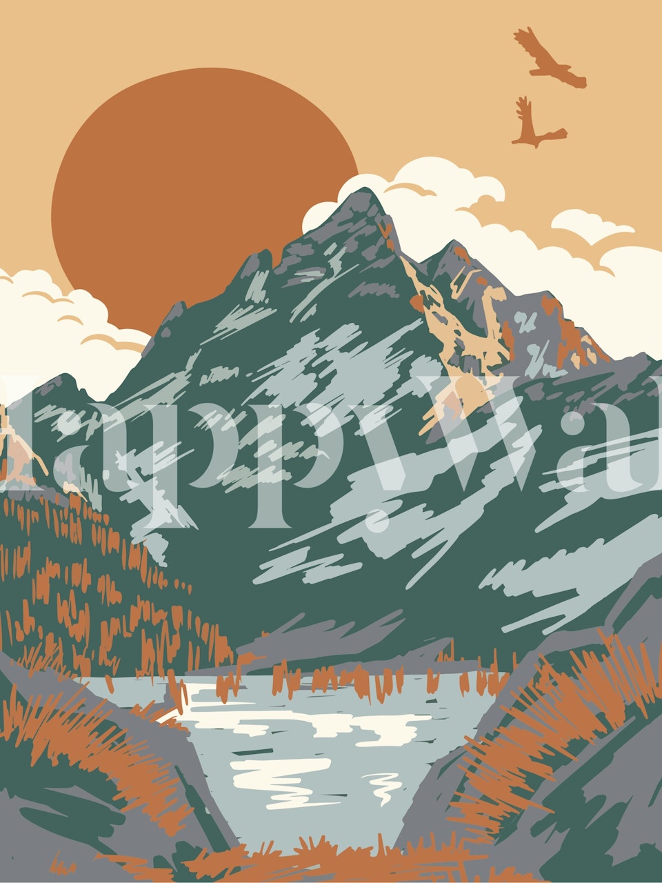 Mountain landscape with lake and sun wallpaper