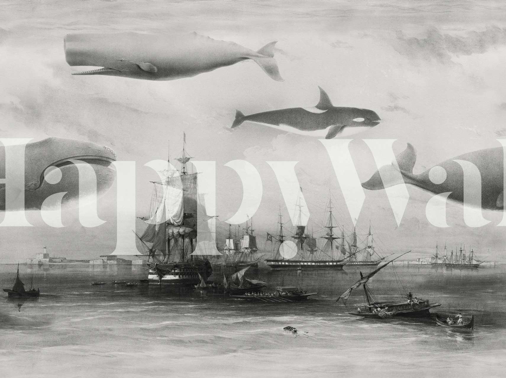 Whales and ships in grey tones with nautical theme wallpaper