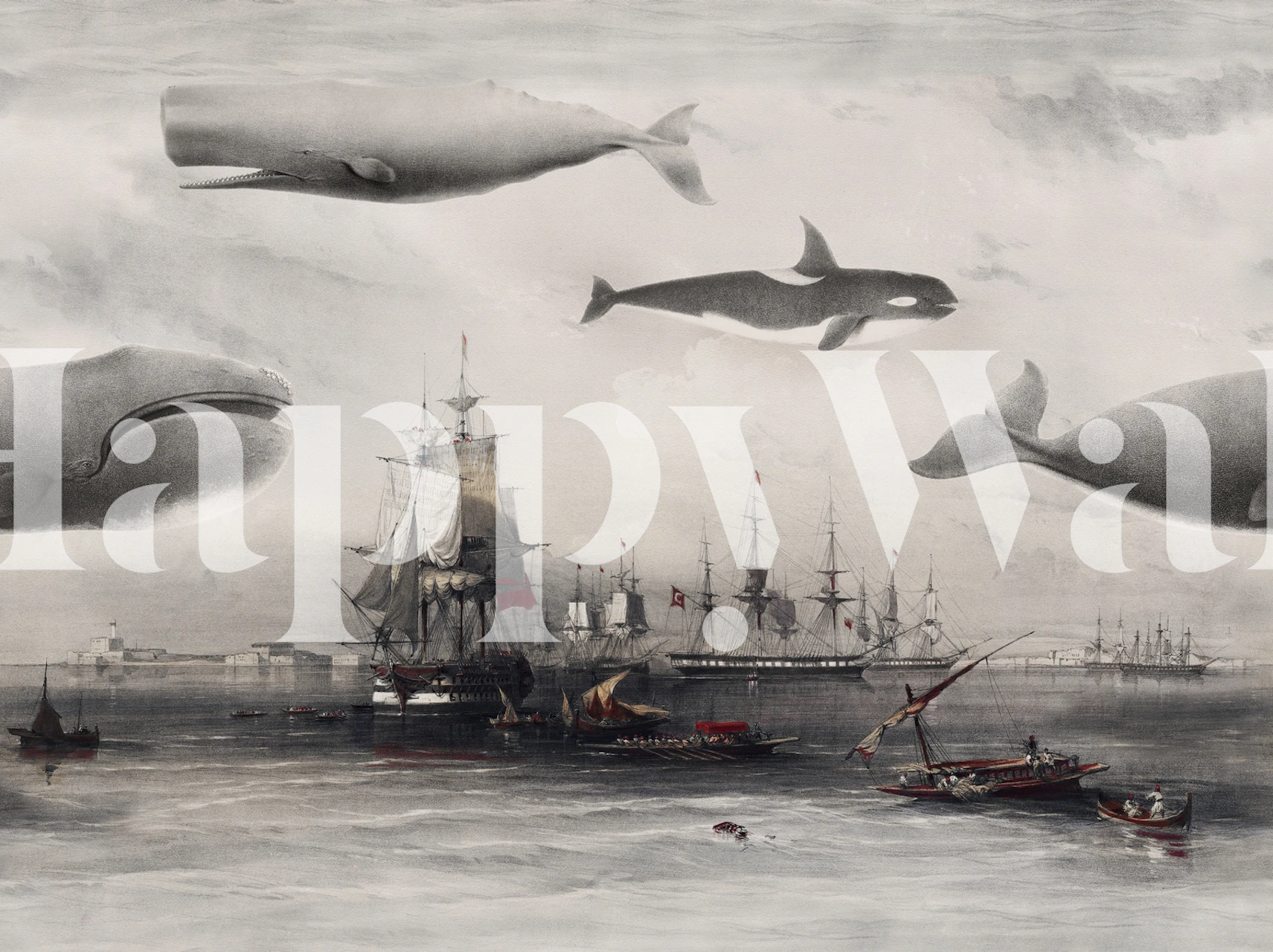 Whales and ships wallpaper in a room
