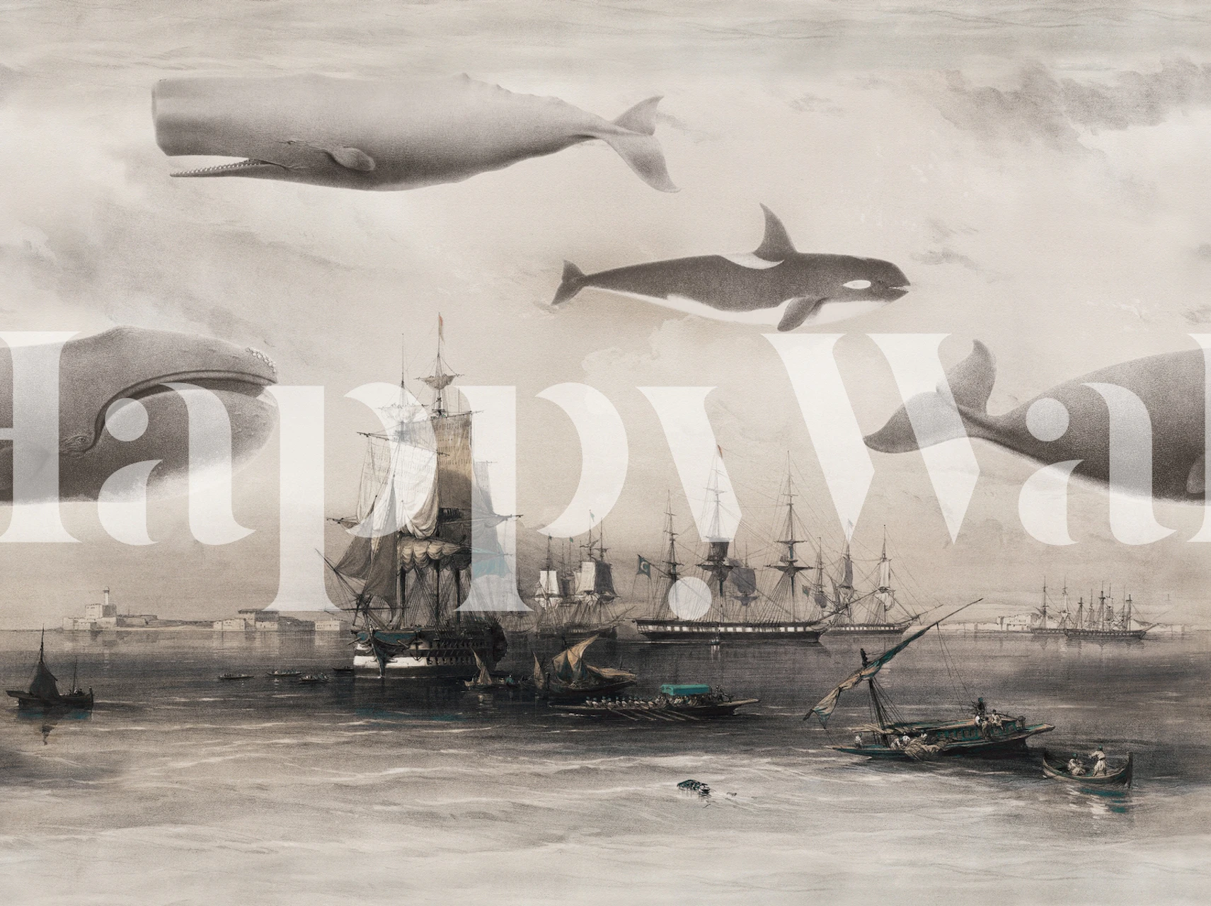 Whales and ships in sepia blue tones wallpaper
