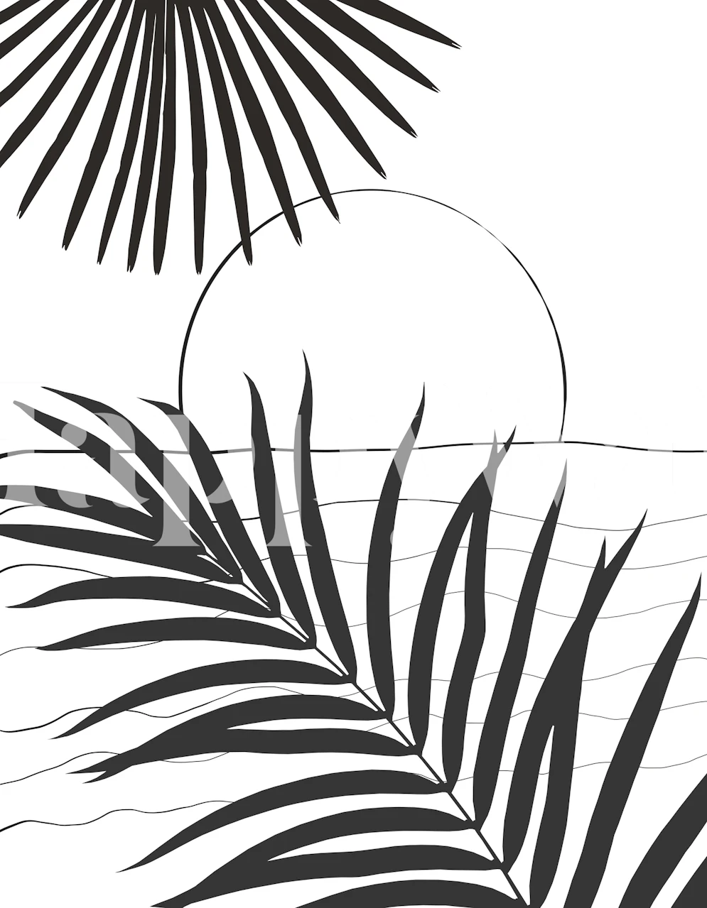 Black and white ocean sunset line art wallpaper