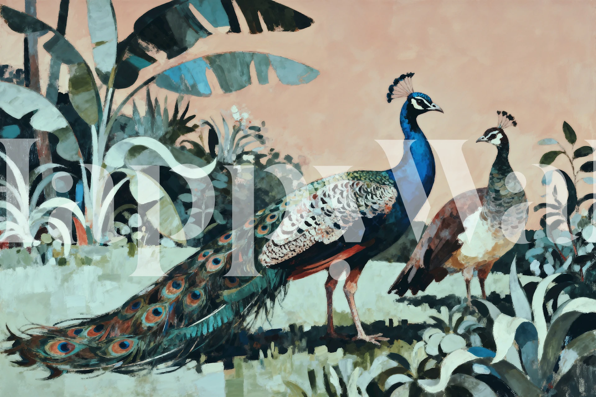 Blue and yellow peacock feather pattern wallpaper