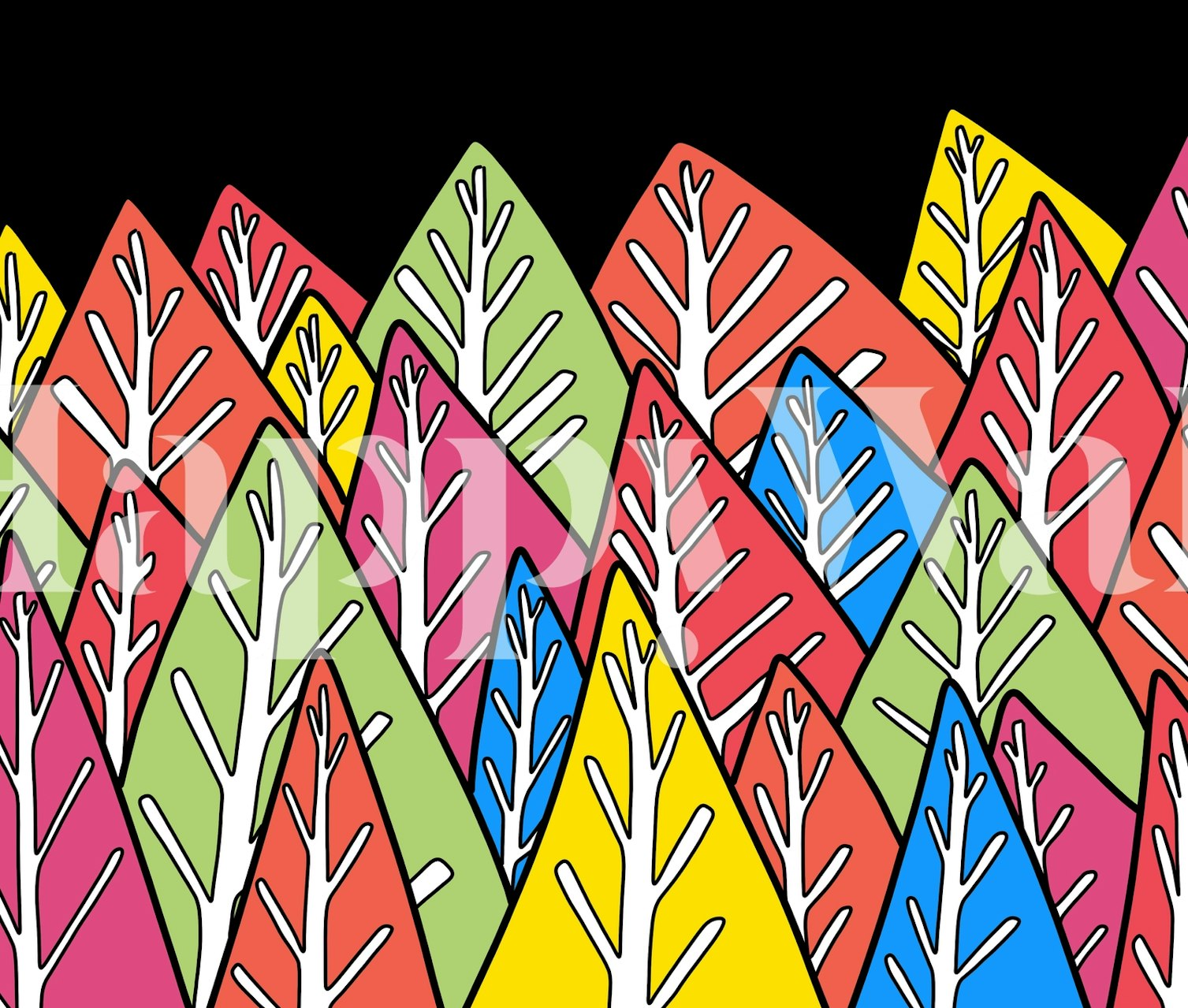 Colorful leaf pattern with bright pink, blue, green, and yellow shades on black background wallpaper