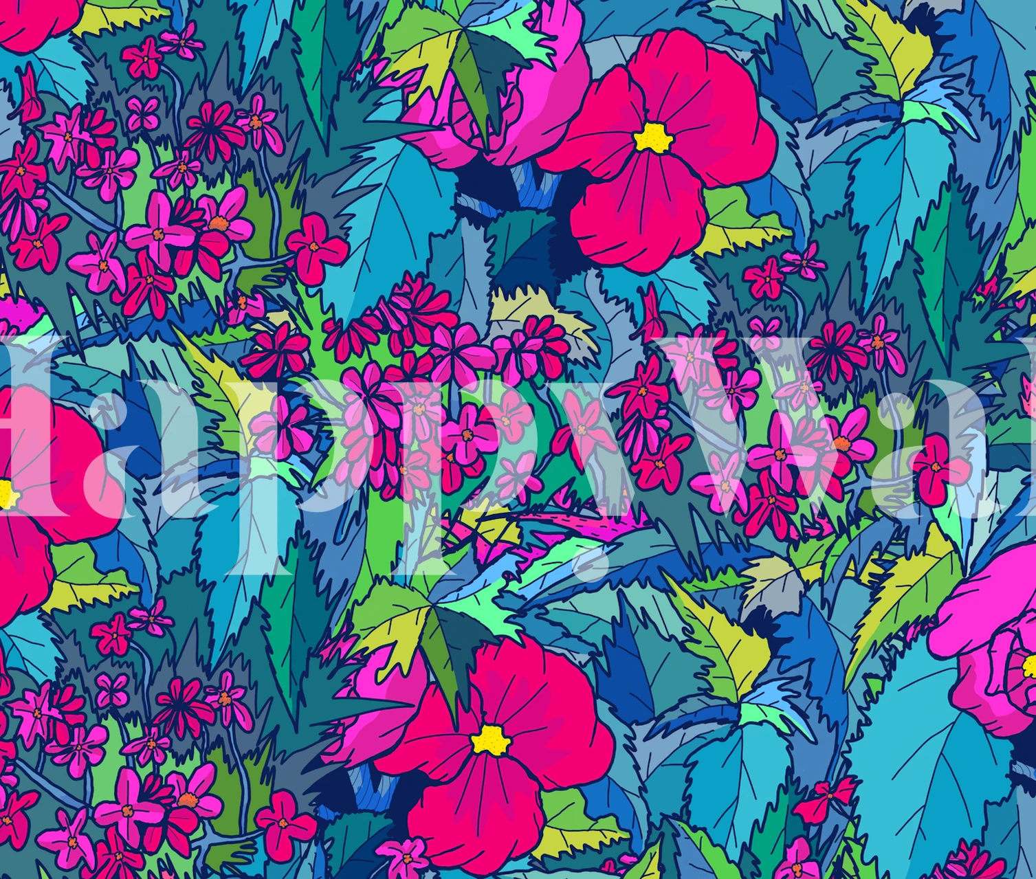 Colorful summer floral wall mural with vivid blue and pink flowers against a lively backdrop.