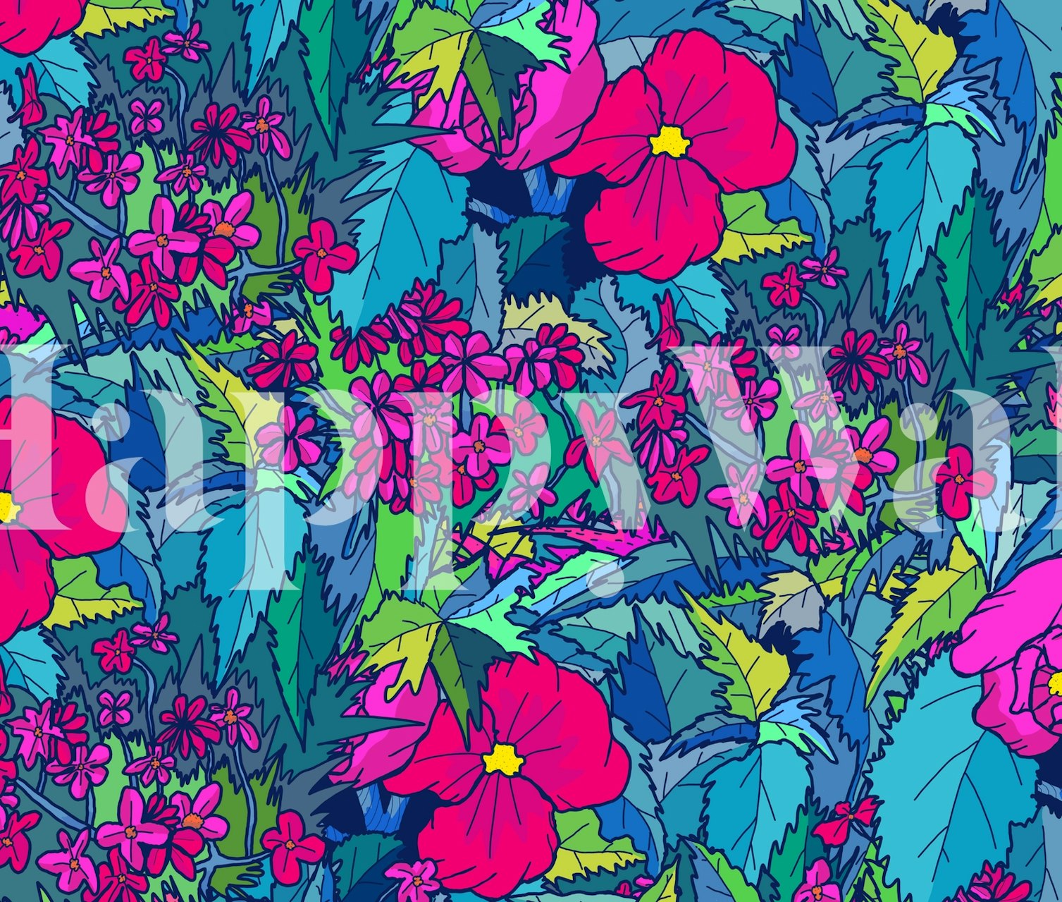 Colorful summer floral wall mural with vivid blue and pink flowers against a lively backdrop.