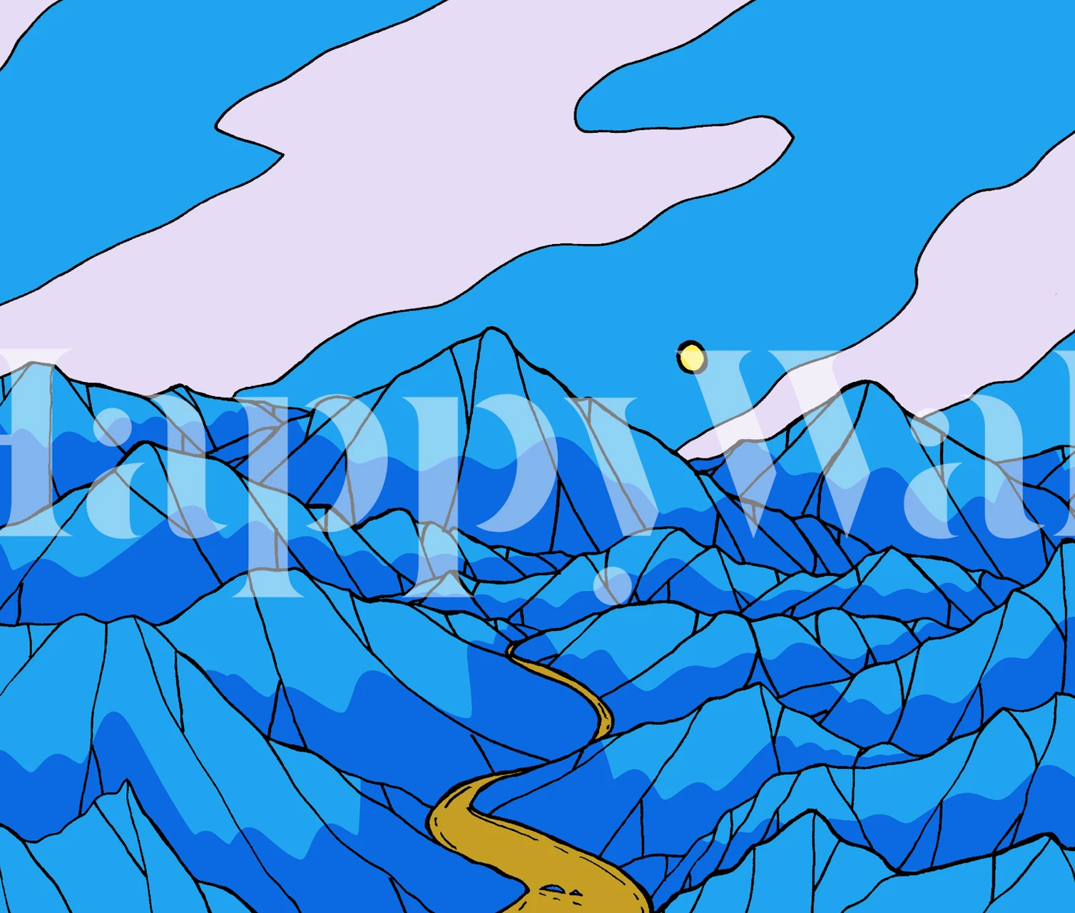 Blue mountain landscape with a winding path and sun wallpaper