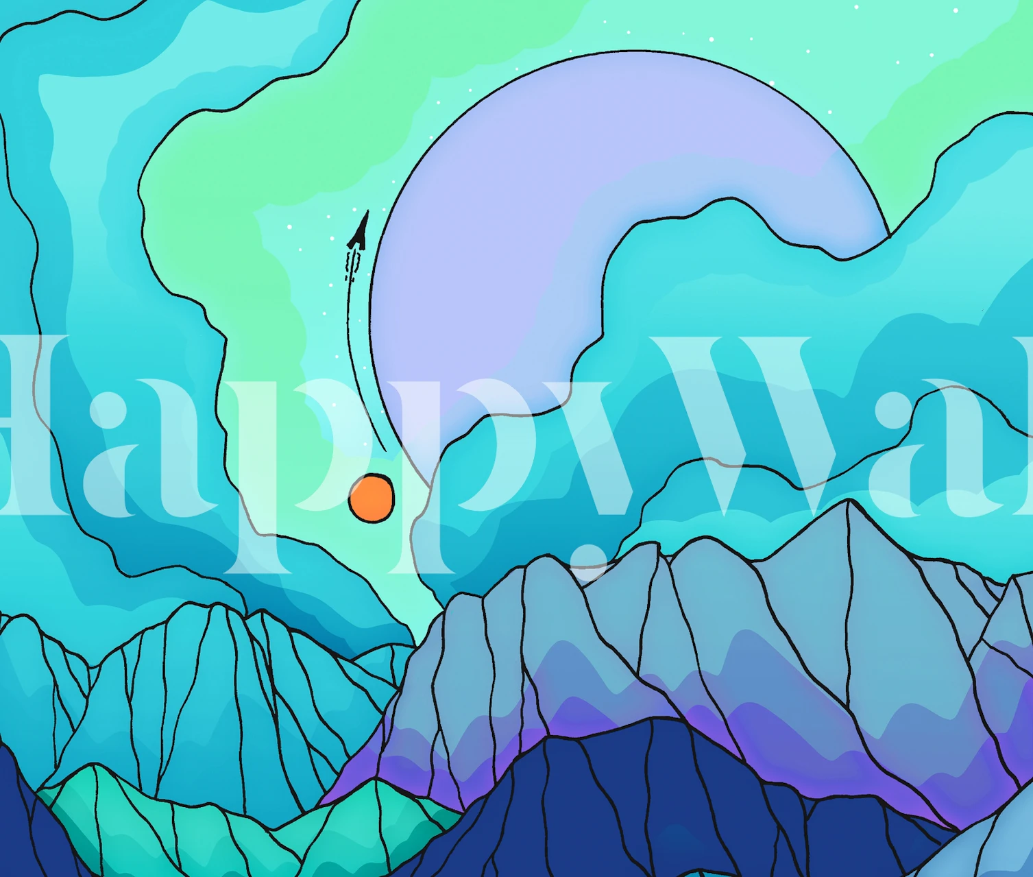 Celestial mountain scenery in teal and purple wallpaper