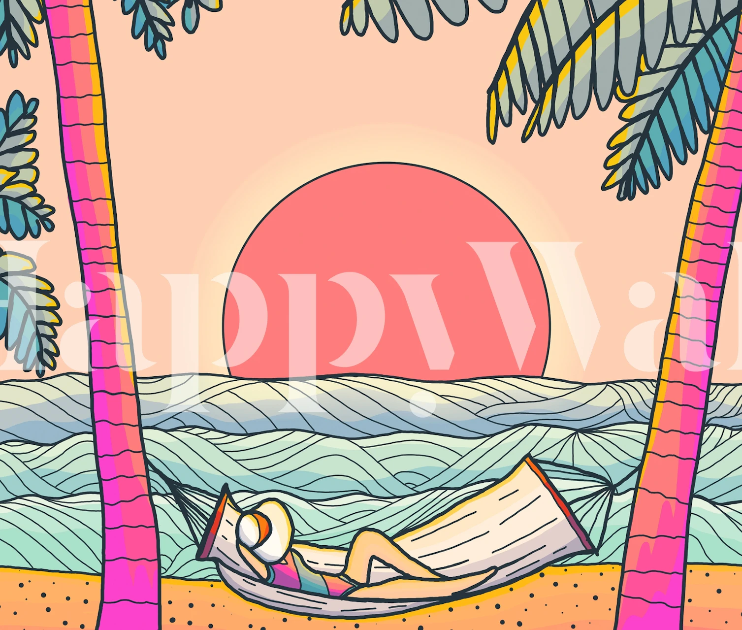 Tropical scene with sunset, hammock, ocean, pink, green wallpaper