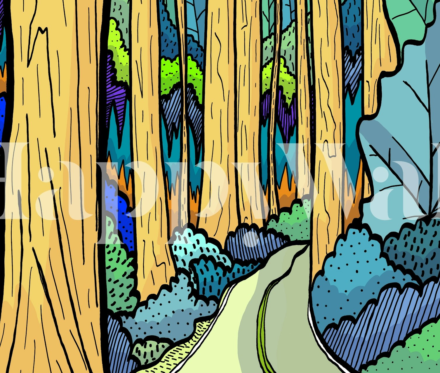 Woodland road with tall trees and vibrant greenery wallpaper