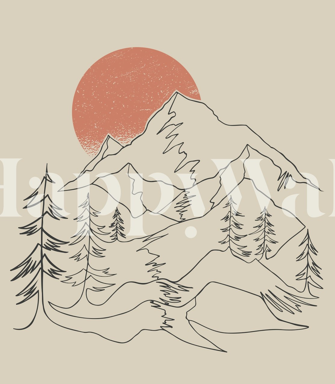 Minimal line art mountains with trees and a sun wallpaper