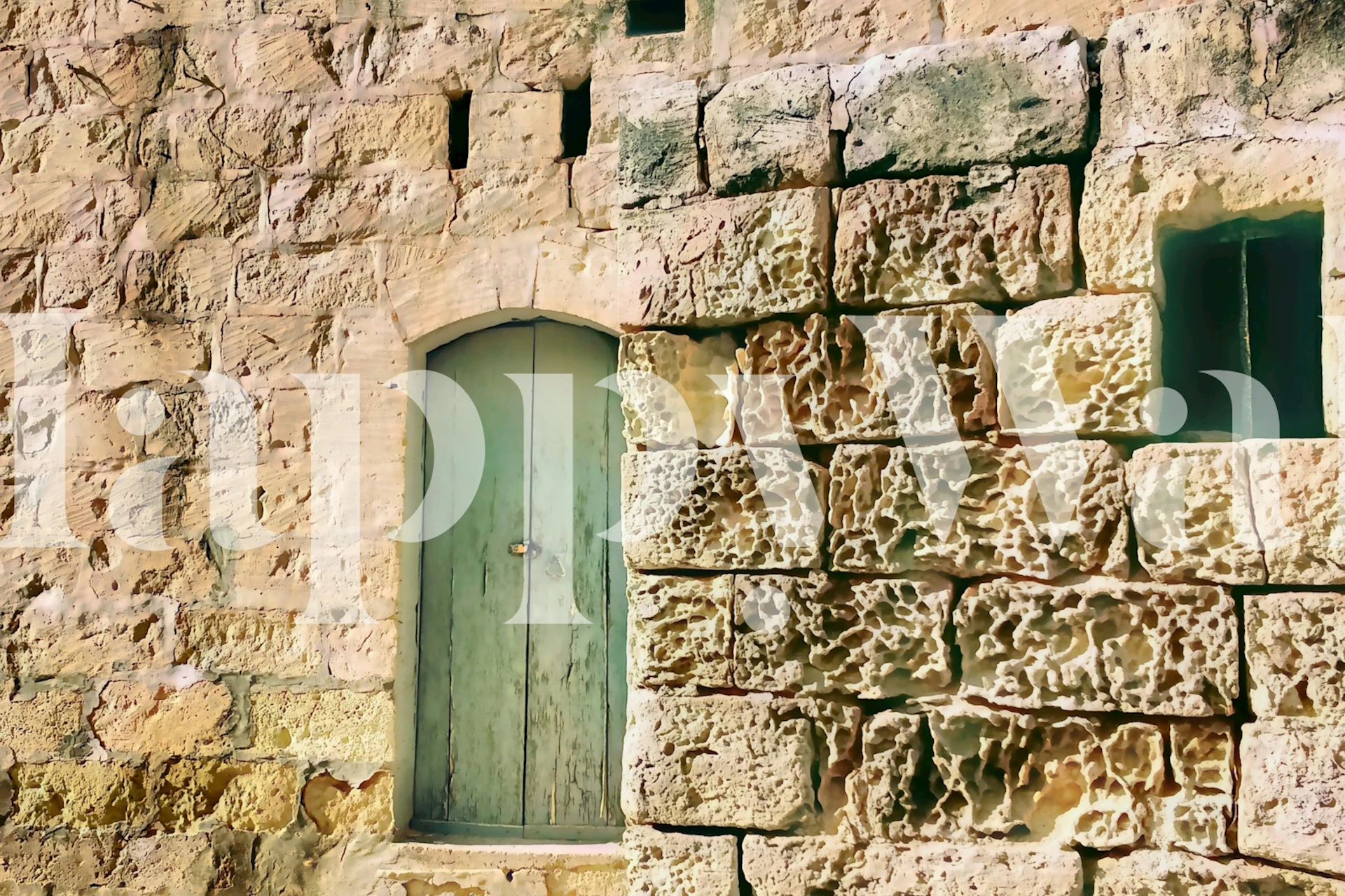 Textured stone wall with an arched door in soft beige wallpaper