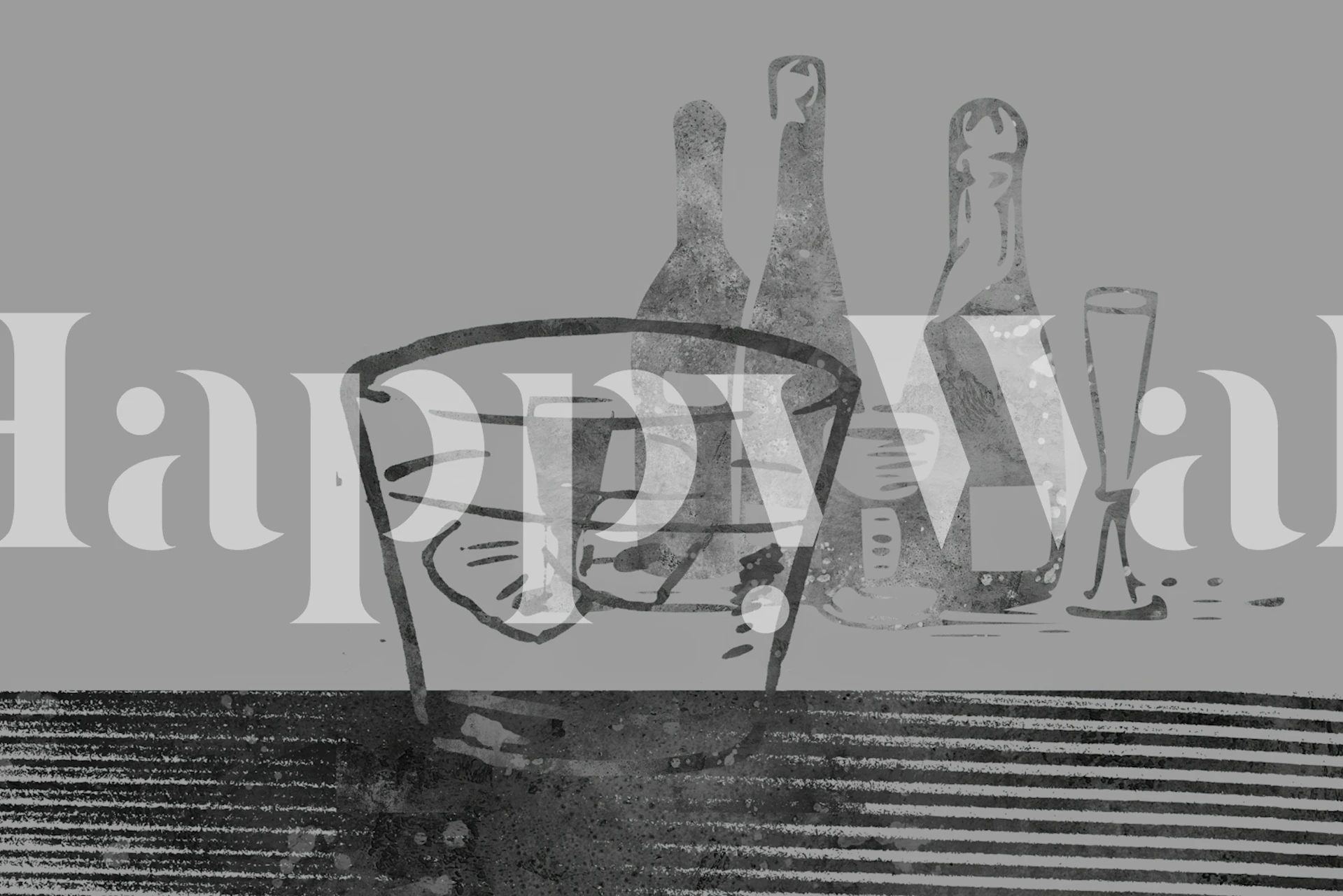 Champagne bottles and glasses in black and white wallpaper