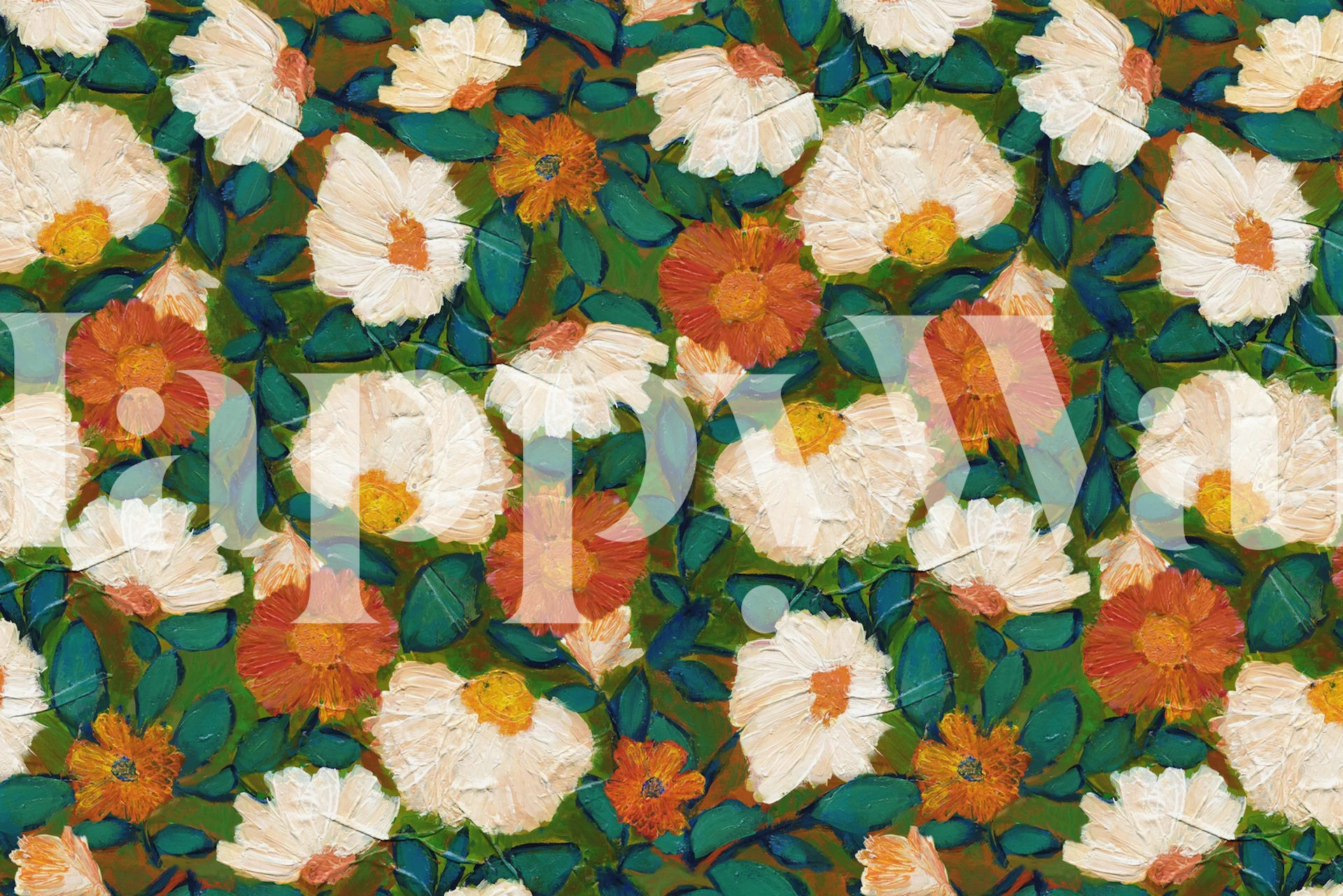 Floral motif with orange and white flowers on green background wallpaper