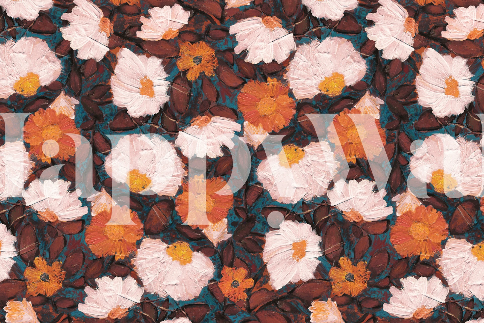 Floral wallpaper featuring orange and teal blooms