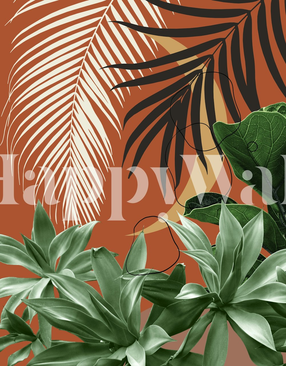 Tropical agave and palm leaves wall mural on terra cotta background