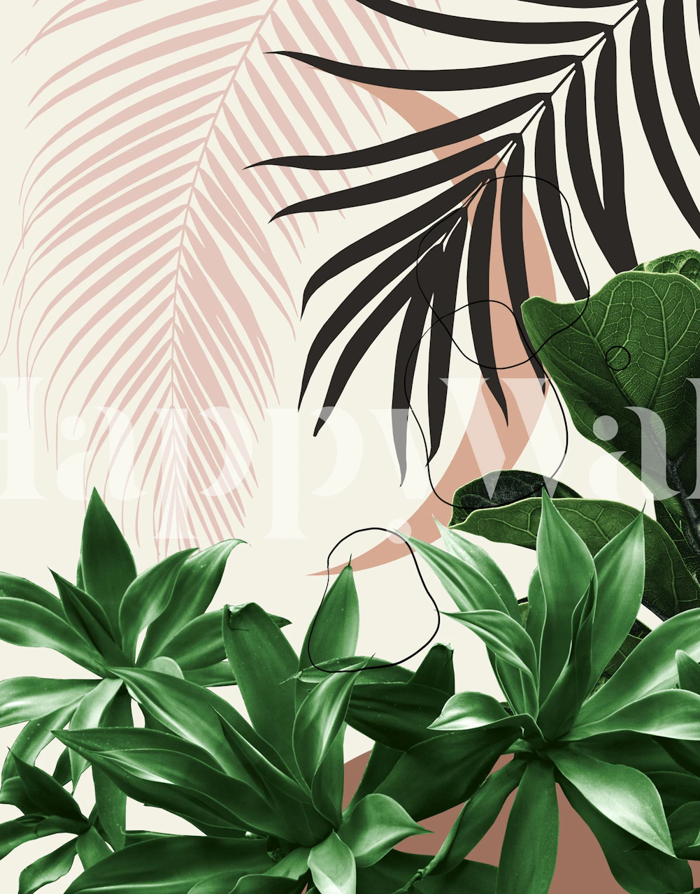 Tropical leaves in green and pink tones on beige background wallpaper