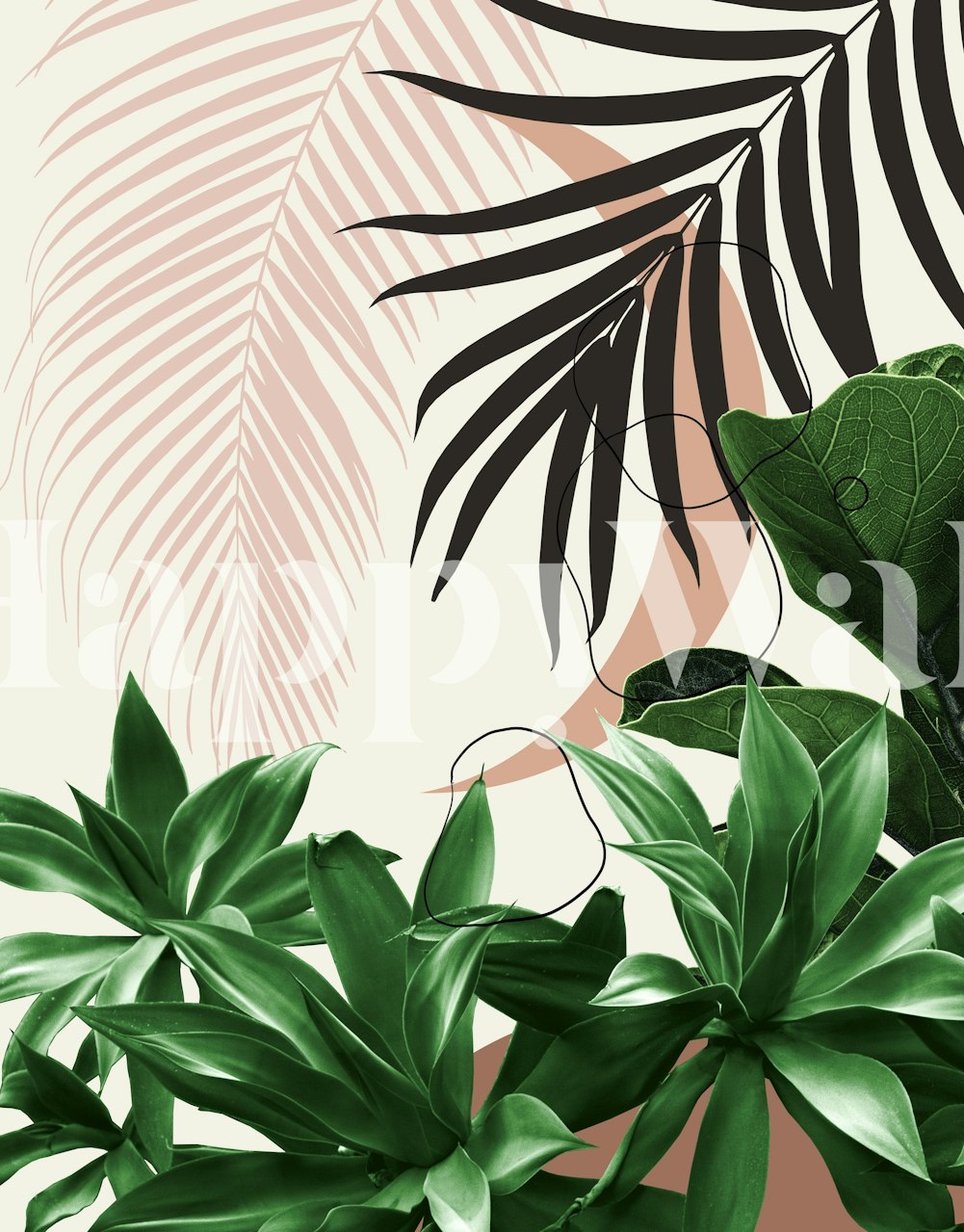 Tropical leaves in green and pink tones on beige background wallpaper
