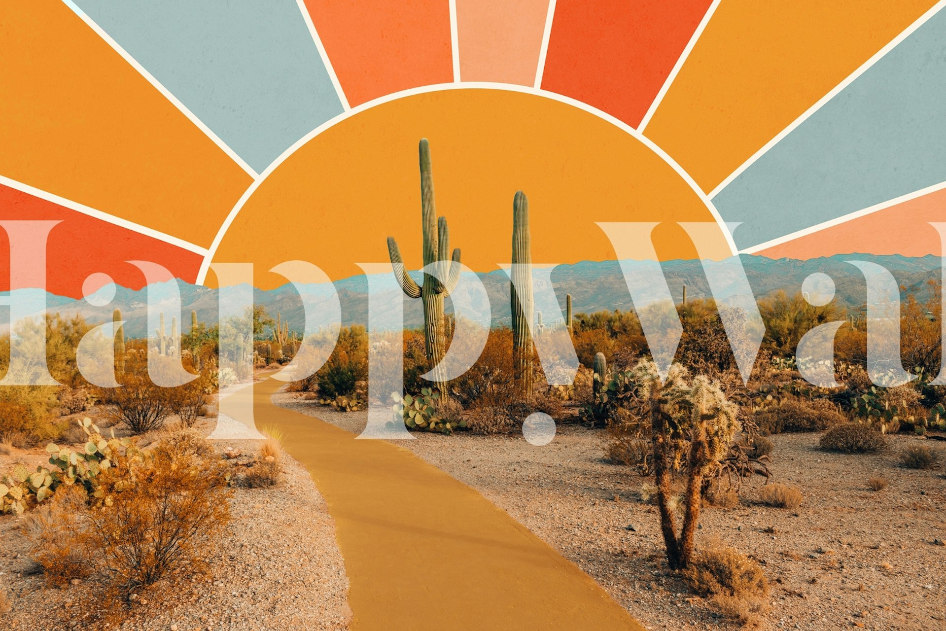Cactus landscape with colorful sun rays in orange, yellow, and teal wallpaper
