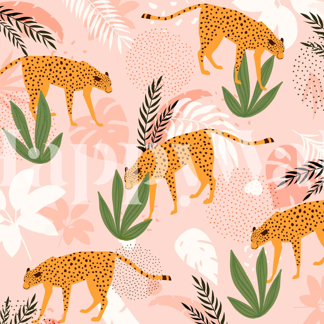 Cheetah Chase wall mural featuring cheetahs and tropical plants on a blush background