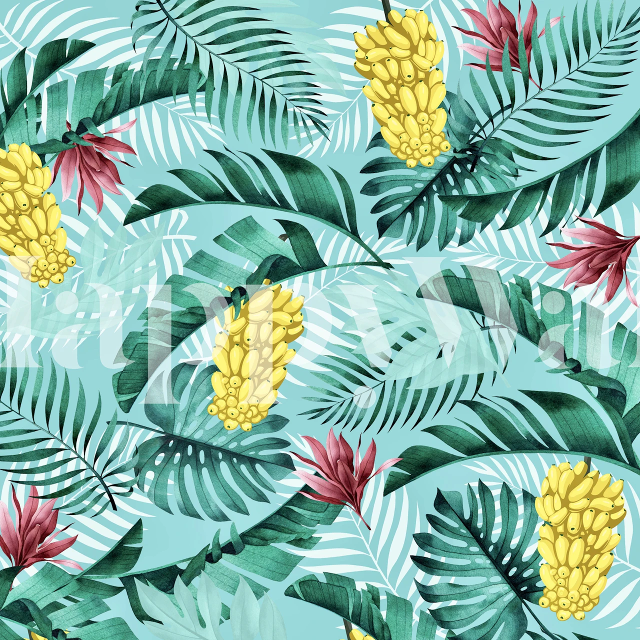 Banana Tropics teal wallpaper in een kamer