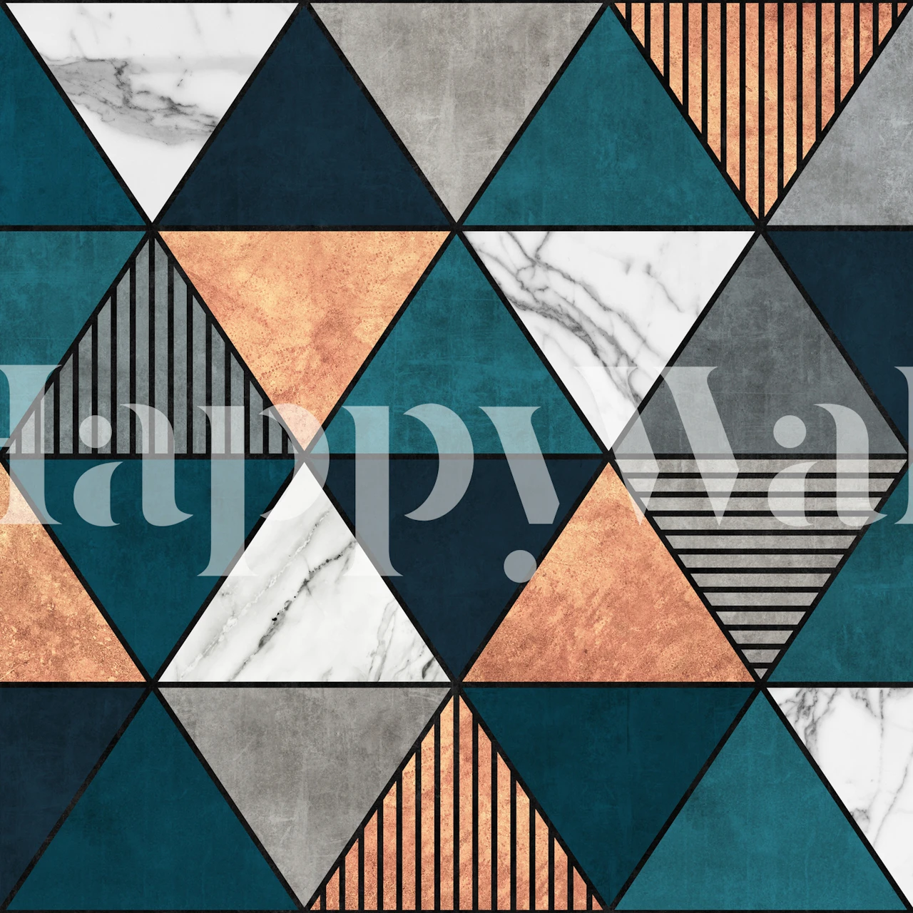 Carta da parati con motivo geometrico a triangolo in marmo color rame, blu e grigio