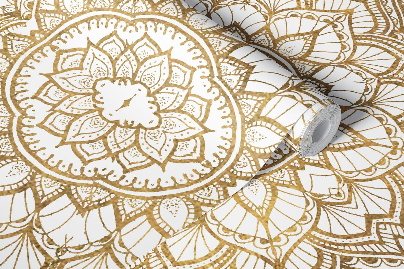 Golden sparkling mandala white wallpaper roll