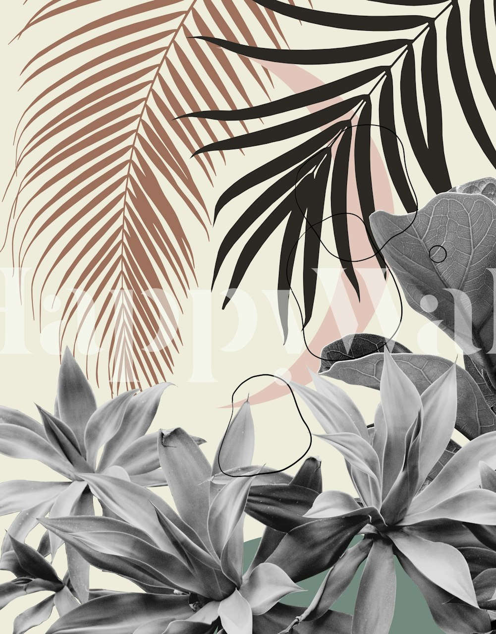 Tropical botanical design featuring muted green, black, and beige leaves wallpaper