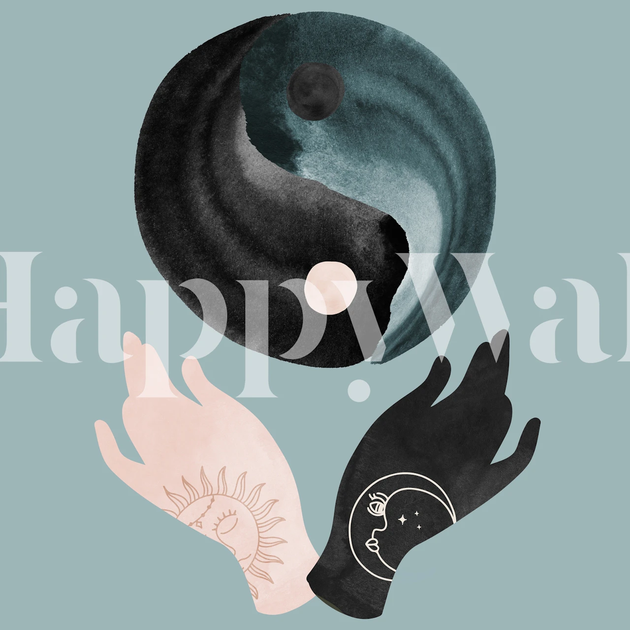 Yin Yang ravnoteža zidna slika s efektom akvarela i umjetničkim rukama koje prikazuju jedinstvo i harmoniju