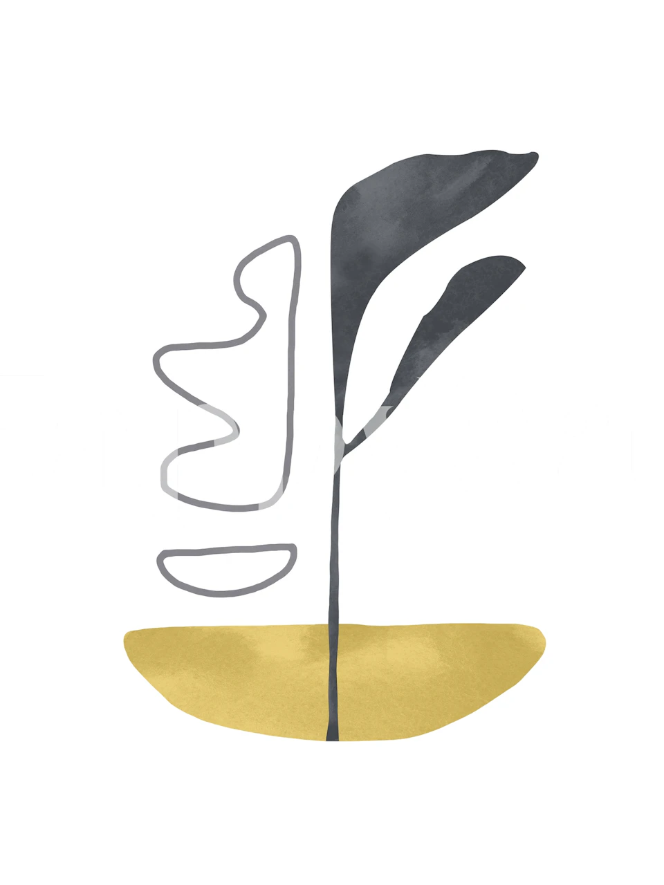 Abstrakcyjna fototapeta z żółtym liściem z pojedynczą stylizowaną sylwetką liścia w ciemnych odcieniach na białym tle